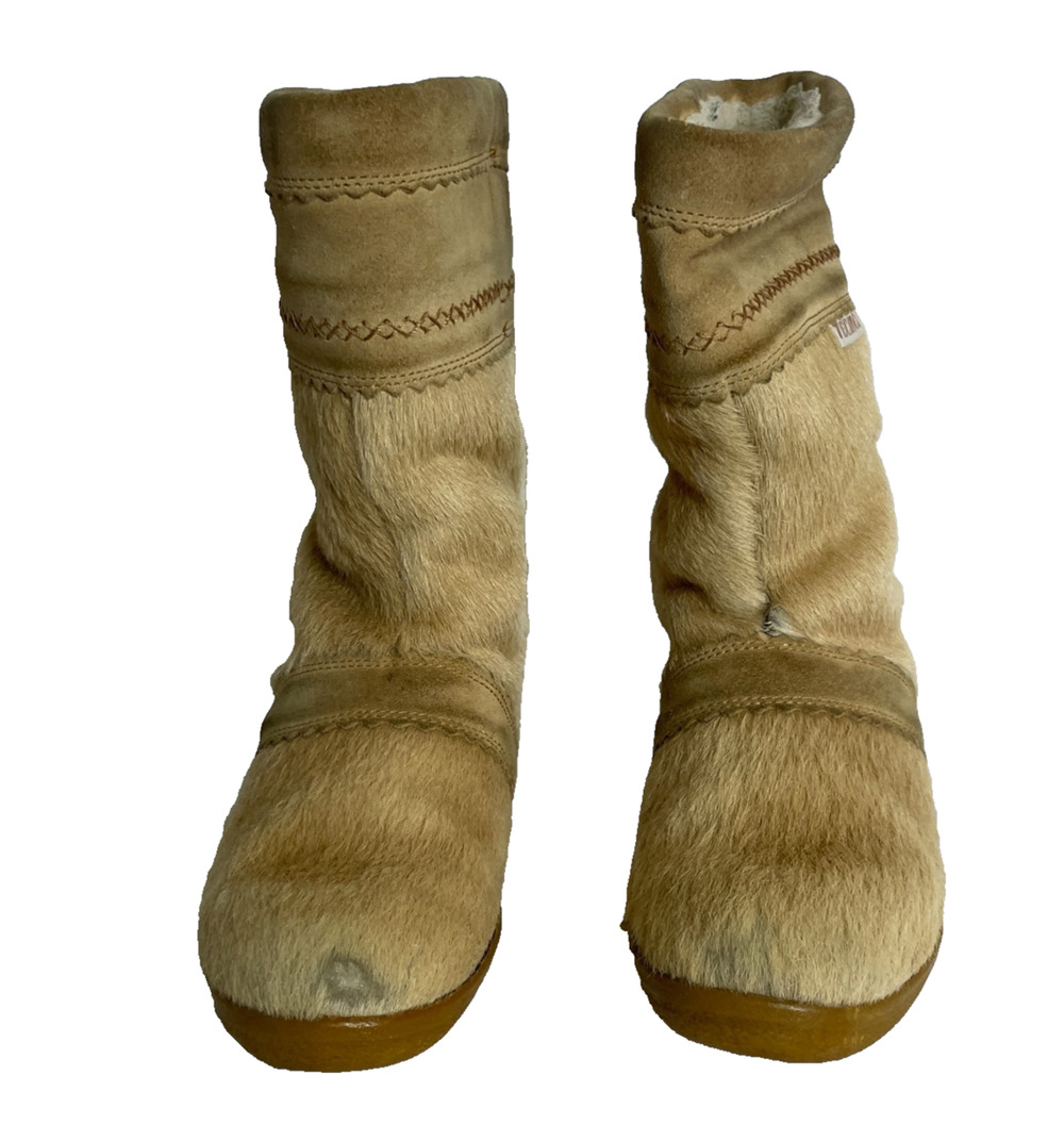 Women's 38 Vtg Tecnica Cowhide Beige Boots Leather Trim Pull On